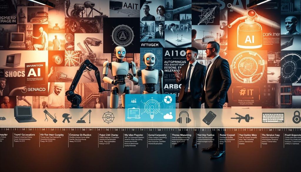 A visually rich representation showcasing historical milestones in AI and automation. In the foreground, display a timeline with various key inventions: an early computer, a robotic arm, and a modern AI interface. The middle ground features figures in professional attire discussing these milestones, with one gesturing toward a vintage robot model and another pointing to a digital display showing AI advancements. The background consists of a collage blending iconic images such as ASIMO, Turing’s machine, and automation in manufacturing. Soft, warm lighting casts a hopeful ambiance, emphasizing innovation and progress. Use a slightly angled perspective as if observing from a slight elevation, creating depth and focus on the human figures engaging with technology. A visually rich representation showcasing historical milestones in AI and automation. In the foreground, display a timeline with various key inventions: an early computer, a robotic arm, and a modern AI interface. The middle ground features figures in professional attire discussing these milestones, with one gesturing toward a vintage robot model and another pointing to a digital display showing AI advancements. The background consists of a collage blending iconic images such as ASIMO, Turing’s machine, and automation in manufacturing. Soft, warm lighting casts a hopeful ambiance, emphasizing innovation and progress. Use a slightly angled perspective as if observing from a slight elevation, creating depth and focus on the human figures engaging with technology.