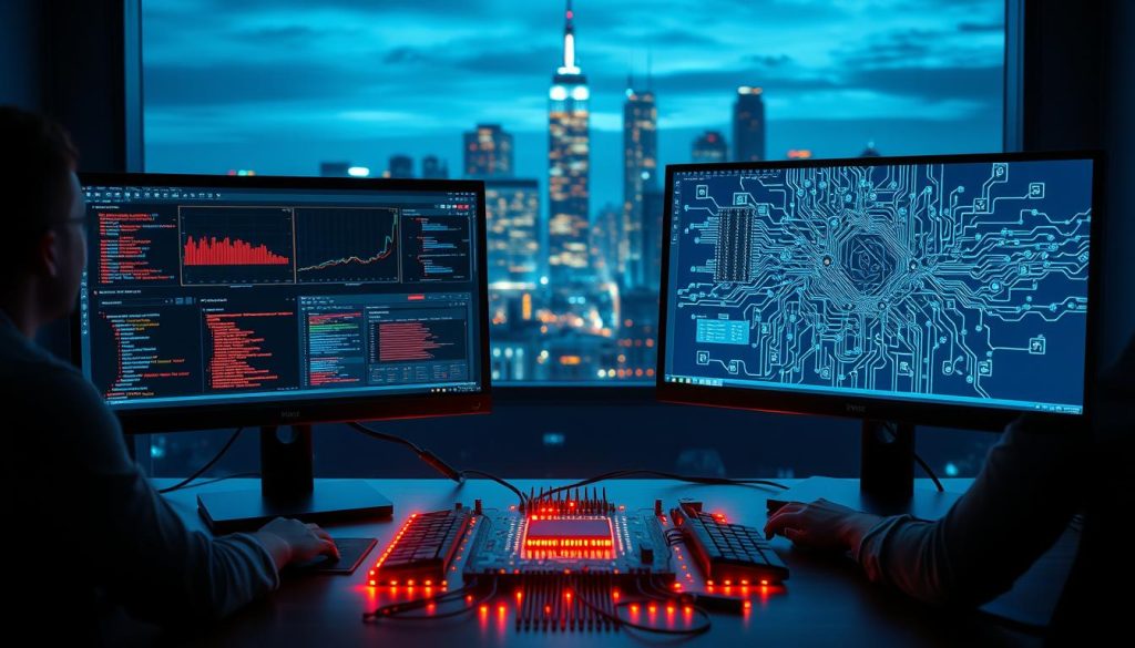 A visually striking comparison of AI advancements, featuring two distinct sections. In the foreground, illustrate a computer workstation with a programmer analyzing traditional machine learning algorithms on one monitor, showing data visuals like decision trees and regression lines, while on the other monitor, depict deep learning processes, showcasing neural networks and complex data patterns. The middle ground should feature a glowing circuit board, symbolizing the underlying technology that powers both systems. In the background, include a futuristic city skyline subtly illuminated, representing the impact of AI on society. Employ dramatic lighting, highlighting the workstations with soft blue and warm orange hues, creating a contrast that evokes curiosity and enlightenment. Use a slightly elevated angle to capture the workspace's depth, reflecting an atmosphere of innovation and exploration. A visually striking comparison of AI advancements, featuring two distinct sections. In the foreground, illustrate a computer workstation with a programmer analyzing traditional machine learning algorithms on one monitor, showing data visuals like decision trees and regression lines, while on the other monitor, depict deep learning processes, showcasing neural networks and complex data patterns. The middle ground should feature a glowing circuit board, symbolizing the underlying technology that powers both systems. In the background, include a futuristic city skyline subtly illuminated, representing the impact of AI on society. Employ dramatic lighting, highlighting the workstations with soft blue and warm orange hues, creating a contrast that evokes curiosity and enlightenment. Use a slightly elevated angle to capture the workspace's depth, reflecting an atmosphere of innovation and exploration.