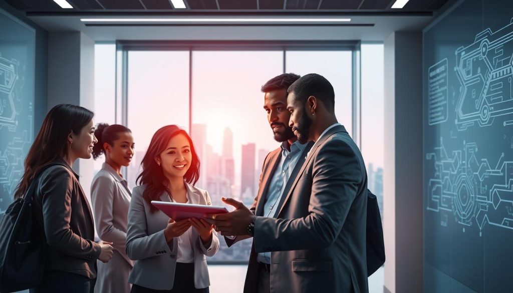 A visually striking illustration of "Generative AI Guidelines" set within a sleek, modern office environment. In the foreground, a diverse group of professionals, including a South Asian woman and a Black man, discuss over a digital tablet displaying abstract AI designs. In the middle ground, a large glass window reveals a city skyline, suggesting innovation and progress. The background features a clean, minimalist design with glowing circuits and digital blueprints subtly integrated into the walls, symbolizing technology and compliance. Soft, ambient lighting casts a warm glow, creating an inspiring atmosphere that emphasizes the importance of regulatory guidelines. The angle is slightly elevated, capturing the dynamic interaction among the professionals, evoking a sense of collaboration and forward-thinking in the context of Generative AI regulations. A visually striking illustration of "Generative AI Guidelines" set within a sleek, modern office environment. In the foreground, a diverse group of professionals, including a South Asian woman and a Black man, discuss over a digital tablet displaying abstract AI designs. In the middle ground, a large glass window reveals a city skyline, suggesting innovation and progress. The background features a clean, minimalist design with glowing circuits and digital blueprints subtly integrated into the walls, symbolizing technology and compliance. Soft, ambient lighting casts a warm glow, creating an inspiring atmosphere that emphasizes the importance of regulatory guidelines. The angle is slightly elevated, capturing the dynamic interaction among the professionals, evoking a sense of collaboration and forward-thinking in the context of Generative AI regulations.