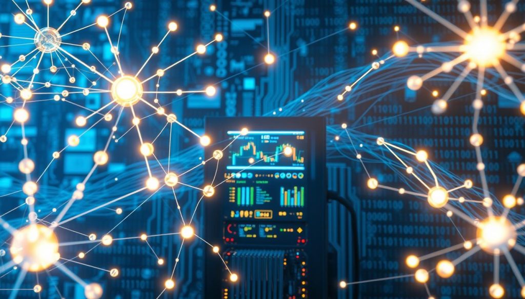 A visually striking illustration of the deep learning process in AI, showcasing a neural network in action. The foreground features a semi-transparent, intricate neural network structure with bright nodes and connecting lines, glowing softly. In the middle, a computer processing unit with data flowing into the network, symbolizing the training phase. The background contains representations of data sets, such as images and text, merging into streams of binary code. Use dramatic lighting to highlight the neural network, casting subtle shadows that emphasize depth. The atmosphere should be futuristic and innovative, with a bluish hue to evoke a sense of technology and discovery. The image should be clean, modern, and free of any text or branding elements. A visually striking illustration of the deep learning process in AI, showcasing a neural network in action. The foreground features a semi-transparent, intricate neural network structure with bright nodes and connecting lines, glowing softly. In the middle, a computer processing unit with data flowing into the network, symbolizing the training phase. The background contains representations of data sets, such as images and text, merging into streams of binary code. Use dramatic lighting to highlight the neural network, casting subtle shadows that emphasize depth. The atmosphere should be futuristic and innovative, with a bluish hue to evoke a sense of technology and discovery. The image should be clean, modern, and free of any text or branding elements.