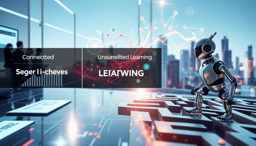 A visually striking infographic illustrating the types of machine learning, divided into three distinct sections: supervised learning (showing a group of professionals analyzing data), unsupervised learning (depicted as abstract data patterns floating in the air), and reinforcement learning (depicted with a robot navigating a maze). The foreground features a polished digital workspace with charts and algorithms. The middle ground has vibrant, flowing data streams representing connections and insights. The background showcases a futuristic city skyline, symbolizing technological advancement. The lighting is bright and engaging, creating a sense of innovation and discovery, with a slight lens flare effect to emphasize brightness. The atmosphere is dynamic, sophisticated, and inspiring, perfect for an article on AI learning. A visually striking infographic illustrating the types of machine learning, divided into three distinct sections: supervised learning (showing a group of professionals analyzing data), unsupervised learning (depicted as abstract data patterns floating in the air), and reinforcement learning (depicted with a robot navigating a maze). The foreground features a polished digital workspace with charts and algorithms. The middle ground has vibrant, flowing data streams representing connections and insights. The background showcases a futuristic city skyline, symbolizing technological advancement. The lighting is bright and engaging, creating a sense of innovation and discovery, with a slight lens flare effect to emphasize brightness. The atmosphere is dynamic, sophisticated, and inspiring, perfect for an article on AI learning.