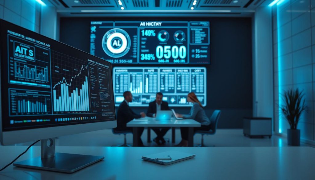 A close-up of a sophisticated, modern workspace representing the hidden costs of implementing AI technology. In the foreground, a sleek computer monitor displays complex data analytics and budget spreadsheets, illustrating financial overhead. The middle layer features a diverse team of professionals in business attire, discussing strategies around a table with charts and graphs scattered across it. In the background, a large digital screen shows AI algorithms and cost breakdowns, bathed in soft blue lighting that suggests a high-tech atmosphere. The room has a futuristic feel, with minimalistic design and an emphasis on productivity and contemplation. The overall mood is analytical and focused, reflecting the serious considerations of AI investments. A close-up of a sophisticated, modern workspace representing the hidden costs of implementing AI technology. In the foreground, a sleek computer monitor displays complex data analytics and budget spreadsheets, illustrating financial overhead. The middle layer features a diverse team of professionals in business attire, discussing strategies around a table with charts and graphs scattered across it. In the background, a large digital screen shows AI algorithms and cost breakdowns, bathed in soft blue lighting that suggests a high-tech atmosphere. The room has a futuristic feel, with minimalistic design and an emphasis on productivity and contemplation. The overall mood is analytical and focused, reflecting the serious considerations of AI investments.