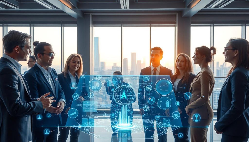 A collaborative scene illustrating "Human-AI Collaboration" in a modern, innovative workspace. In the foreground, a diverse group of professionals in business attire, including a woman and a man, are engaged in a lively discussion, examining a holographic display of complex data and AI algorithms. The middle ground features a sleek, futuristic AI interface with glowing digital elements that visually represent data connections and processing. In the background, large windows reveal a city skyline under soft afternoon lighting, casting warm hues into the room, suggesting a productive and optimistic atmosphere. The overall mood is one of synergy and progress, emphasizing the essential role of humans in AI development.