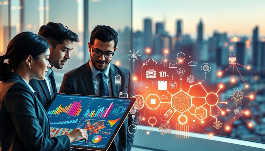 A conceptual illustration representing "Traditional AI Methods" focused on the importance of data. In the foreground, a diverse group of three professionals in business attire collaboratively analyzing a large dataset displayed on a sleek digital screen, showing colorful graphs and patterns. In the middle ground, a collection of classic AI elements such as decision trees, neural networks, and flowcharts, intricately designed and softly illuminated, symbolizing traditional methods. In the background, a blurred silhouette of a cityscape, implying a fast-paced, data-driven environment. The lighting is bright and focused, with a warm, inspirational atmosphere, creating a sense of innovation and collaboration. The image should evoke professionalism and the essential role of data in AI development, captured from a slightly elevated angle to emphasize the interaction between the individuals and their analysis. A conceptual illustration representing "Traditional AI Methods" focused on the importance of data. In the foreground, a diverse group of three professionals in business attire collaboratively analyzing a large dataset displayed on a sleek digital screen, showing colorful graphs and patterns. In the middle ground, a collection of classic AI elements such as decision trees, neural networks, and flowcharts, intricately designed and softly illuminated, symbolizing traditional methods. In the background, a blurred silhouette of a cityscape, implying a fast-paced, data-driven environment. The lighting is bright and focused, with a warm, inspirational atmosphere, creating a sense of innovation and collaboration. The image should evoke professionalism and the essential role of data in AI development, captured from a slightly elevated angle to emphasize the interaction between the individuals and their analysis.