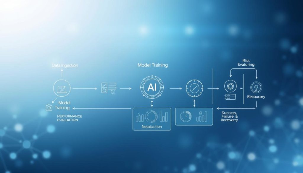 A detailed Continuous AI Testing Diagram, visually representing the process of AI evaluation and risk management. In the foreground, a series of interconnected nodes and arrows demonstrate the flow of data, with each node symbolizing different testing phases such as "Data Ingestion," "Model Training," and "Performance Evaluation." The middle ground features a set of analytical tools and metrics, with visual indicators like gauges and graphs to signify success, failure, and recovery pathways. The background is a subtle gradient of blue and gray, evoking a high-tech atmosphere, with soft ambient lighting to enhance the clarity of the diagram. The overall mood is analytical and professional, suitable for showcasing the importance of preparedness in AI development.