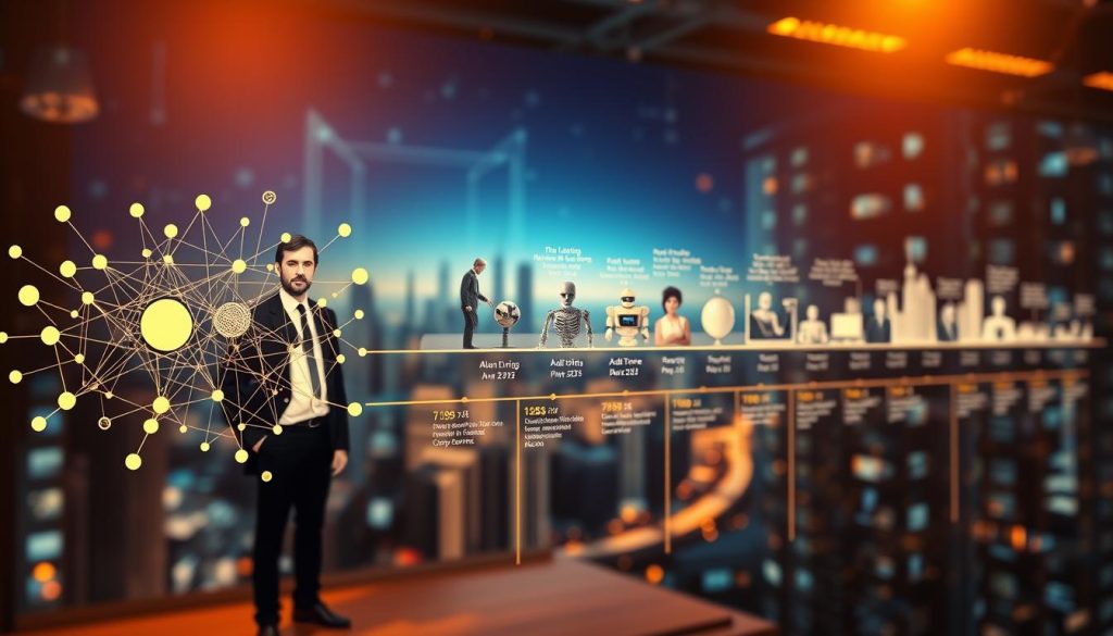 A detailed illustration of an "AI Historical Timeline" showcasing key milestones in artificial intelligence development. In the foreground, a sophisticated neural network graphic intertwines with images of early computers, robots, and significant AI figures like Alan Turing and Ada Lovelace, all in professional attire. The middle layer depicts an evolving timeline, with dates and icons representing landmark events, such as the invention of the first AI programs and breakthroughs in machine learning. In the background, a futuristic cityscape fades into a digital matrix, symbolizing the potential of AI in the modern world. Warm, ambient lighting creates an inspiring, hopeful atmosphere, while a soft focus lens captures the intricate details of the timeline, inviting viewers to engage with the history and future of AI. A detailed illustration of an "AI Historical Timeline" showcasing key milestones in artificial intelligence development. In the foreground, a sophisticated neural network graphic intertwines with images of early computers, robots, and significant AI figures like Alan Turing and Ada Lovelace, all in professional attire. The middle layer depicts an evolving timeline, with dates and icons representing landmark events, such as the invention of the first AI programs and breakthroughs in machine learning. In the background, a futuristic cityscape fades into a digital matrix, symbolizing the potential of AI in the modern world. Warm, ambient lighting creates an inspiring, hopeful atmosphere, while a soft focus lens captures the intricate details of the timeline, inviting viewers to engage with the history and future of AI.