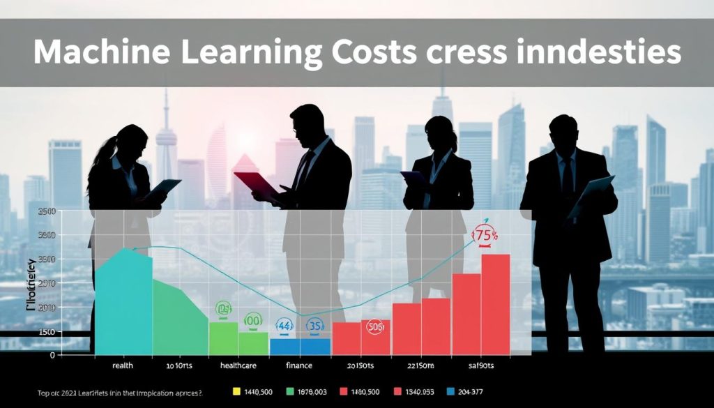 A detailed infographic illustrating "Machine Learning Costs across Industries." In the foreground, a stylized graph displays various industries like healthcare, finance, and manufacturing, with distinct colors and icons representing cost levels. In the middle ground, silhouettes of professionals in business attire analyze data on laptops and tablets, engaged in conversation. The background features a city skyline subtly blending technology elements like circuit patterns and gears, showcasing a modern, tech-driven environment. Use bright, natural lighting to create an optimistic atmosphere, with a soft focus effect on the background to emphasize the graph and professionals in the foreground. Capture a sense of collaboration and innovation in the air, reflecting the systemic exploration of AI costs across different sectors. A detailed infographic illustrating "Machine Learning Costs across Industries." In the foreground, a stylized graph displays various industries like healthcare, finance, and manufacturing, with distinct colors and icons representing cost levels. In the middle ground, silhouettes of professionals in business attire analyze data on laptops and tablets, engaged in conversation. The background features a city skyline subtly blending technology elements like circuit patterns and gears, showcasing a modern, tech-driven environment. Use bright, natural lighting to create an optimistic atmosphere, with a soft focus effect on the background to emphasize the graph and professionals in the foreground. Capture a sense of collaboration and innovation in the air, reflecting the systemic exploration of AI costs across different sectors.