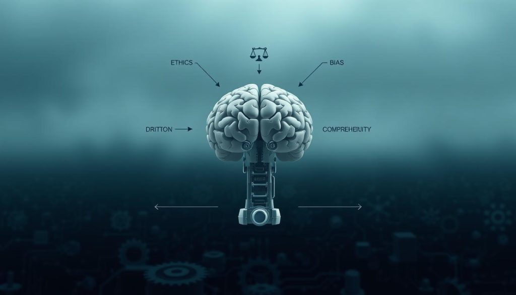 A detailed visual diagram illustrating the limitations of AI, featuring a central figure of a robotic brain split into sectors representing various limitations such as ethics, bias, data quality, and comprehension. In the foreground, include icons or symbols for each sector to enhance understanding—like a scale for ethics and a broken chain for bias. The middle ground should show various technology-related imagery, such as gears and circuit boards, symbolizing AI's operational framework, while the background fades into a gradient of deep blue and gray, creating a somber and contemplative mood. Use soft, diffused lighting to convey a sense of introspection. The composition should be clean, professional, and visually engaging, making it suitable for an informative article.