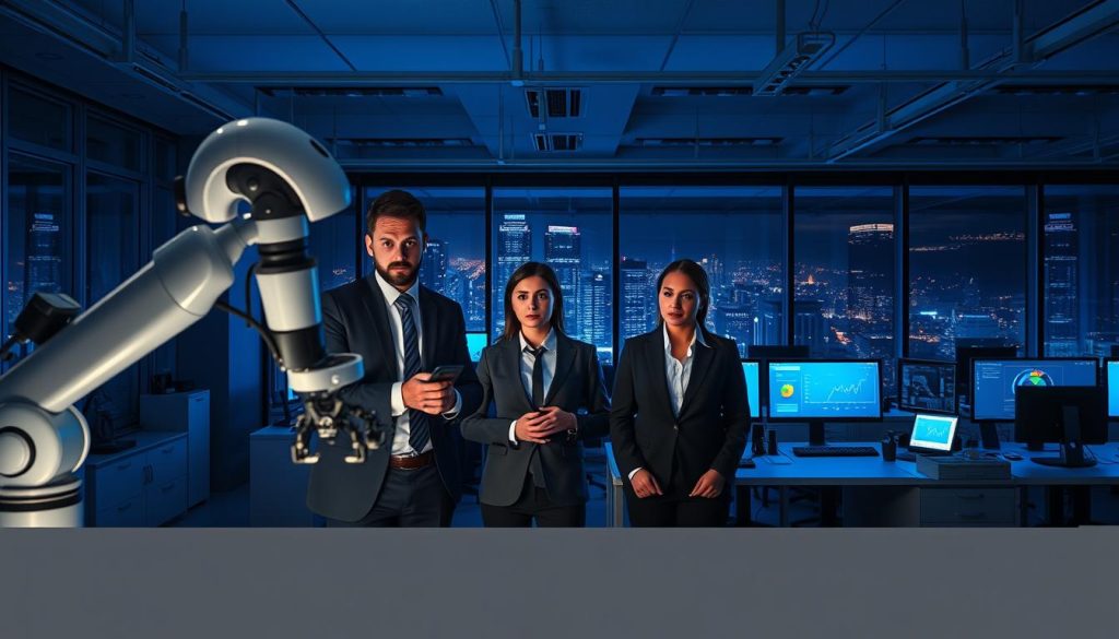 A dimly lit office environment portrays a stark contrast between human workers and advanced AI automation. In the foreground, a group of three diverse professionals in smart business attire, looking concerned and contemplative, stands beside a sleek, robotic arm efficiently assembling products. In the middle ground, a busy workspace is filled with computers displaying graphs and AI interfaces, hinting at rising productivity but also ongoing job displacement. In the background, large windows reveal a bustling cityscape, symbolizing the world outside affected by automation. The atmosphere is tense yet thought-provoking, illuminated by cool, blue lighting to evoke a sense of technology-driven change. The whole image captures the complex emotions surrounding the impact of AI on employment. A dimly lit office environment portrays a stark contrast between human workers and advanced AI automation. In the foreground, a group of three diverse professionals in smart business attire, looking concerned and contemplative, stands beside a sleek, robotic arm efficiently assembling products. In the middle ground, a busy workspace is filled with computers displaying graphs and AI interfaces, hinting at rising productivity but also ongoing job displacement. In the background, large windows reveal a bustling cityscape, symbolizing the world outside affected by automation. The atmosphere is tense yet thought-provoking, illuminated by cool, blue lighting to evoke a sense of technology-driven change. The whole image captures the complex emotions surrounding the impact of AI on employment.