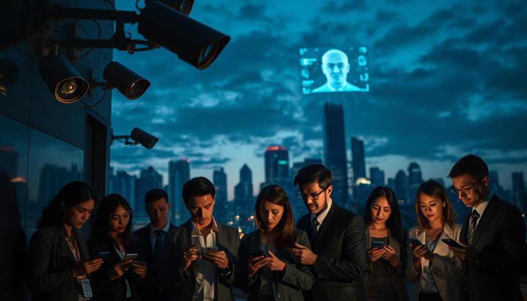 A dimly lit urban environment, showcasing a series of surveillance cameras mounted on buildings, casting shadows on the ground. In the foreground, a diverse group of professionals in business attire, looking concerned as they glance at their smartphones, with expressions of unease. The middle ground features a high-tech digital display board showing data analytics and facial recognition software. In the background, a skyline filled with towering skyscrapers is silhouetted against a dusky sky, emphasizing a sense of looming watchfulness. Soft, cold lighting highlights the tension in the scene, creating an atmosphere of unease and contemplation about privacy in an AI-driven world. Capture the image with a slight tilt to evoke a feeling of instability and concern. A dimly lit urban environment, showcasing a series of surveillance cameras mounted on buildings, casting shadows on the ground. In the foreground, a diverse group of professionals in business attire, looking concerned as they glance at their smartphones, with expressions of unease. The middle ground features a high-tech digital display board showing data analytics and facial recognition software. In the background, a skyline filled with towering skyscrapers is silhouetted against a dusky sky, emphasizing a sense of looming watchfulness. Soft, cold lighting highlights the tension in the scene, creating an atmosphere of unease and contemplation about privacy in an AI-driven world. Capture the image with a slight tilt to evoke a feeling of instability and concern.