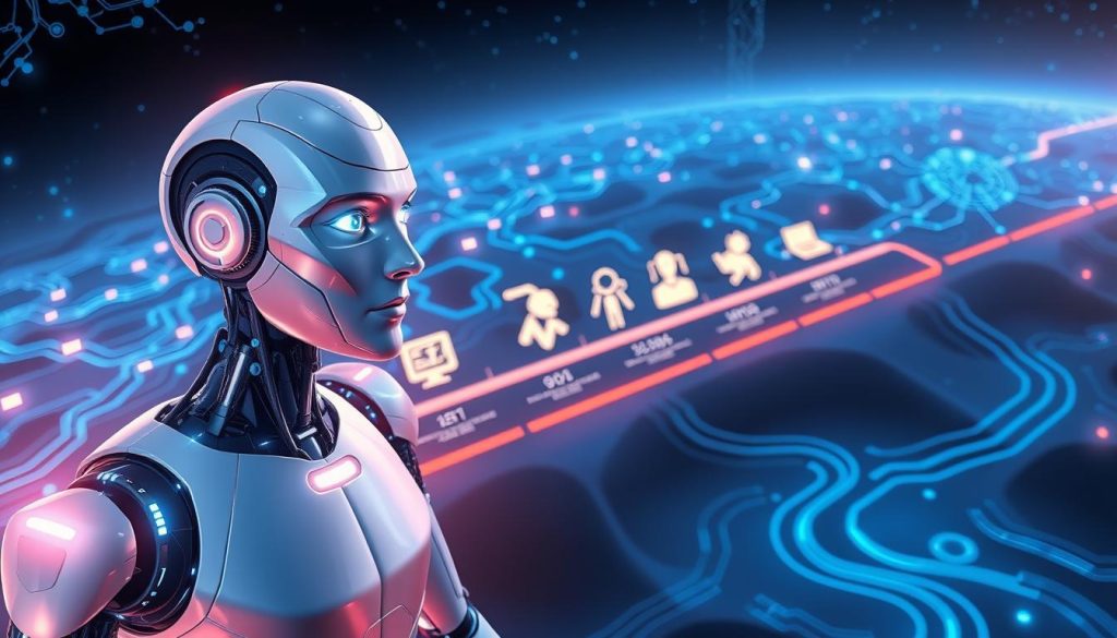 A dynamic illustration showcasing the evolution of AI technology. In the foreground, a futuristic humanoid robot with sleek features and glowing circuits represents current AI capabilities, depicted with a thoughtful expression, dressed in modern, professional attire. In the middle ground, a timeline of AI progress displays iconic milestones: an early mechanical computer, a simplistic chatbot interface, and an advanced neural network visualized through interconnected nodes. The background features a digital landscape, with vibrant circuits and abstract data streams flowing like rivers, illuminated by a soft blue and silver glow. The atmosphere conveys a sense of innovation and potential, with dynamic lighting highlighting the robot and the timeline, creating a visually striking contrast. High-angle perspective enhances the depth, inviting viewers to explore the journey of AI technology.