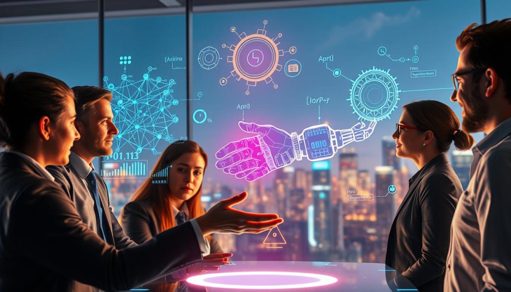 A dynamic scene illustrating the evolution of collaborative AI, focusing on the interplay between human expertise and technology. In the foreground, a diverse group of professionals in business attire is engaged in deep discussion around a holographic display of complex algorithms and data patterns. The middle layer features abstract representations of neural networks and robotic interfaces intertwining with human hands, symbolizing cooperation. In the background, a futuristic city skyline is visible, bathed in soft, warm lighting that suggests optimism and progress. The atmosphere is vibrant and inspiring, evoking a sense of innovation and partnership. The angle subtly captures the interplay of human intellect and artificial intelligence, set in a high-tech environment. A dynamic scene illustrating the evolution of collaborative AI, focusing on the interplay between human expertise and technology. In the foreground, a diverse group of professionals in business attire is engaged in deep discussion around a holographic display of complex algorithms and data patterns. The middle layer features abstract representations of neural networks and robotic interfaces intertwining with human hands, symbolizing cooperation. In the background, a futuristic city skyline is visible, bathed in soft, warm lighting that suggests optimism and progress. The atmosphere is vibrant and inspiring, evoking a sense of innovation and partnership. The angle subtly captures the interplay of human intellect and artificial intelligence, set in a high-tech environment.