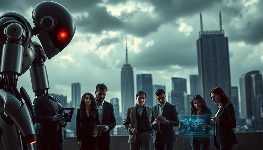 A dystopian scene reflecting the potential risks of AI to humanity. In the foreground, a large robotic figure looms, its metallic body shadowed ominously, symbolizing technological dominance. Its eyes emit a stark red glow, representing threat. In the middle ground, a group of diverse professionals in business attire are depicted in various poses of concern and contemplation, analyzing data on holographic screens. The background features a cityscape with towering skyscrapers, partially obscured by dark clouds, painting a foreboding atmosphere. Soft, dramatic lighting highlights the tension in the scene, with a slight focus blur on the city to enhance depth. The mood is tense and contemplative, evoking a sense of urgency about the implications of AI. A dystopian scene reflecting the potential risks of AI to humanity. In the foreground, a large robotic figure looms, its metallic body shadowed ominously, symbolizing technological dominance. Its eyes emit a stark red glow, representing threat. In the middle ground, a group of diverse professionals in business attire are depicted in various poses of concern and contemplation, analyzing data on holographic screens. The background features a cityscape with towering skyscrapers, partially obscured by dark clouds, painting a foreboding atmosphere. Soft, dramatic lighting highlights the tension in the scene, with a slight focus blur on the city to enhance depth. The mood is tense and contemplative, evoking a sense of urgency about the implications of AI.