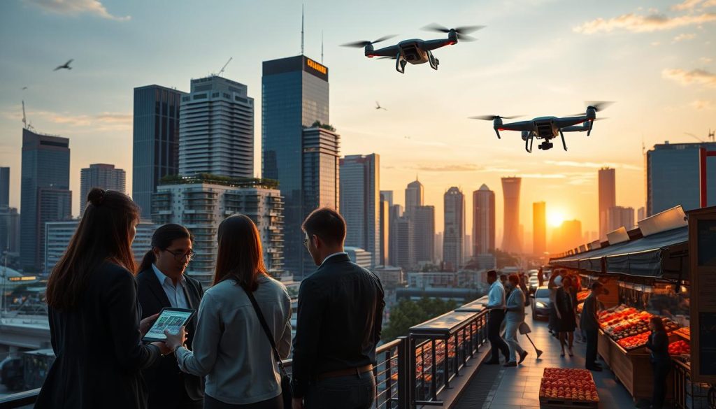 A futuristic city skyline at dusk, showcasing advanced technology and economic growth. In the foreground, a diverse group of professionals in business attire engage in a discussion, analyzing data on digital screens. The middle ground features high-tech office buildings with green terraces, symbolizing innovation, while drones fly above, depicting automation. In the background, a vibrant market scene with robotic vendors illustrates the integration of AI in everyday commerce. The lighting is warm and inviting, with a slight glow from the setting sun illuminating the scene, creating a sense of optimism. The angle is slightly elevated, giving a panoramic view of this dynamic urban landscape, emphasizing the harmonious relationship between humanity and artificial intelligence in driving economic progress. A futuristic city skyline at dusk, showcasing advanced technology and economic growth. In the foreground, a diverse group of professionals in business attire engage in a discussion, analyzing data on digital screens. The middle ground features high-tech office buildings with green terraces, symbolizing innovation, while drones fly above, depicting automation. In the background, a vibrant market scene with robotic vendors illustrates the integration of AI in everyday commerce. The lighting is warm and inviting, with a slight glow from the setting sun illuminating the scene, creating a sense of optimism. The angle is slightly elevated, giving a panoramic view of this dynamic urban landscape, emphasizing the harmonious relationship between humanity and artificial intelligence in driving economic progress.