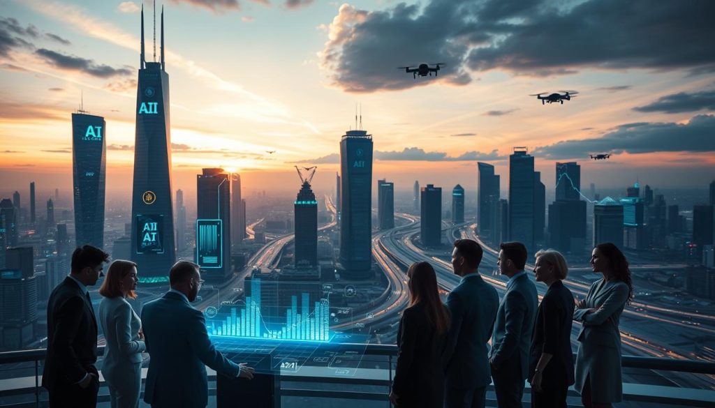 A futuristic city skyline at dusk, symbolizing the economic impact of AI. In the foreground, a diverse group of business professionals in smart attire discuss strategies around a glowing holographic display showcasing fluctuating graphs and AI-related icons. In the middle, towering skyscrapers emblazoned with digital screens exhibit economic data and AI algorithms, illuminating the scene with soft blue and green hues. The background features a vast network of interconnected roads and drones, representing advanced technology integration in urban transit. The lighting is dramatic yet professional, with streaks of sunset illuminating the clouds, creating a sense of urgency and optimism about the future. The mood is contemplative, simultaneously reflecting the potential and the risks of AI's economic influence.