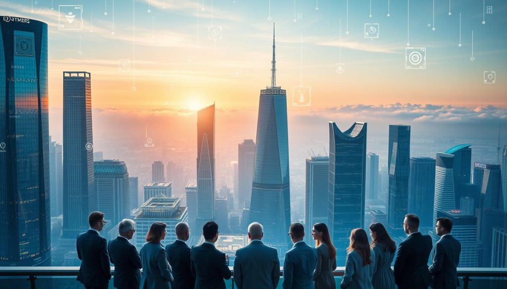 A futuristic cityscape symbolizing AI Governance, with an imposing digital skyline infused with holographic interfaces and vibrant data streams pulsating in the air. In the foreground, a diverse group of professionals in business attire gathers around a transparent digital display, examining regulations and data compliance related to AI technologies. The middle ground features sleek skyscrapers adorned with green spaces and solar panels, reflecting a blend of technology and sustainability. The background showcases a glowing horizon, with clouds softly illuminated by a warm sunset, evoking optimism and progress. The image is captured from a slightly elevated angle, enhancing the depth and perspective, with soft, diffused lighting creating a hopeful and innovative atmosphere. A futuristic cityscape symbolizing AI Governance, with an imposing digital skyline infused with holographic interfaces and vibrant data streams pulsating in the air. In the foreground, a diverse group of professionals in business attire gathers around a transparent digital display, examining regulations and data compliance related to AI technologies. The middle ground features sleek skyscrapers adorned with green spaces and solar panels, reflecting a blend of technology and sustainability. The background showcases a glowing horizon, with clouds softly illuminated by a warm sunset, evoking optimism and progress. The image is captured from a slightly elevated angle, enhancing the depth and perspective, with soft, diffused lighting creating a hopeful and innovative atmosphere.