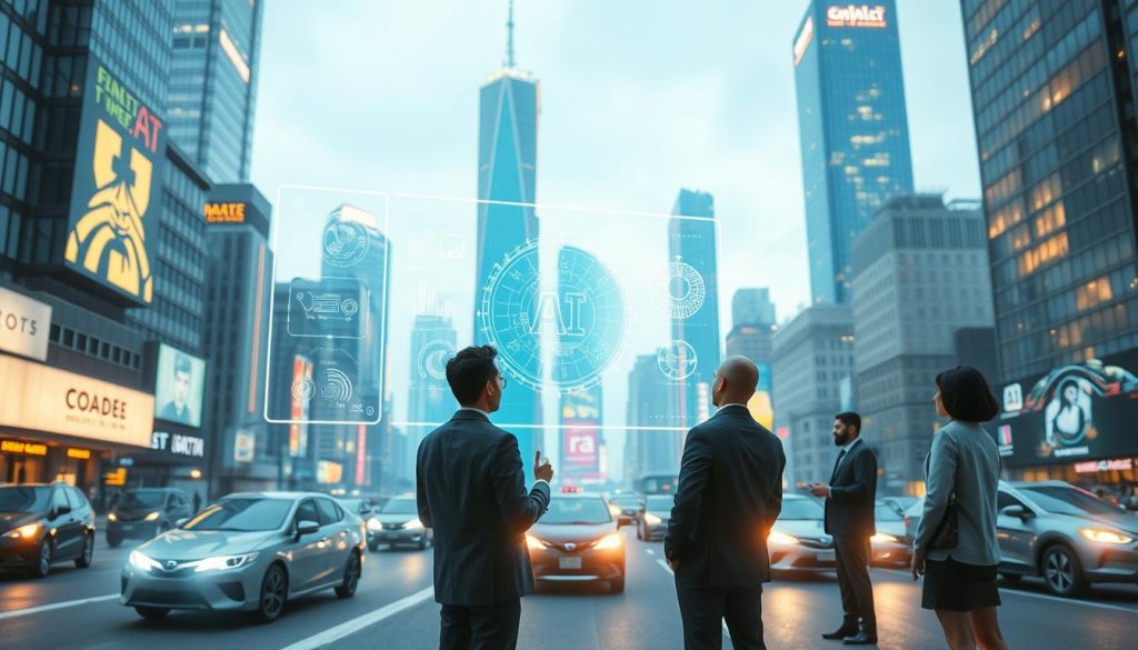 A futuristic cityscape teeming with advanced AI technologies and ethereal digital interfaces, capturing the vibrant essence of innovation. In the foreground, a group of diverse professionals in business attire discusses a holographic display illustrating the complexities of AI decision-making processes. The middle ground features sleek, autonomous vehicles navigating seamlessly, symbolizing integration of AI into daily life. In the background, towering skyscrapers adorned with high-tech screens cast a soft, ambient glow, suggesting a harmonious blend of nature and technology. The lighting is a balanced mix of cool blues and warm yellows, creating an optimistic and reflective atmosphere. The angle is a slightly elevated perspective, allowing a view of both the human element and the technological advancements. The mood is one of curiosity and contemplation, emphasizing the potential future implications of AI and the possibility of mistakes. A futuristic cityscape teeming with advanced AI technologies and ethereal digital interfaces, capturing the vibrant essence of innovation. In the foreground, a group of diverse professionals in business attire discusses a holographic display illustrating the complexities of AI decision-making processes. The middle ground features sleek, autonomous vehicles navigating seamlessly, symbolizing integration of AI into daily life. In the background, towering skyscrapers adorned with high-tech screens cast a soft, ambient glow, suggesting a harmonious blend of nature and technology. The lighting is a balanced mix of cool blues and warm yellows, creating an optimistic and reflective atmosphere. The angle is a slightly elevated perspective, allowing a view of both the human element and the technological advancements. The mood is one of curiosity and contemplation, emphasizing the potential future implications of AI and the possibility of mistakes.