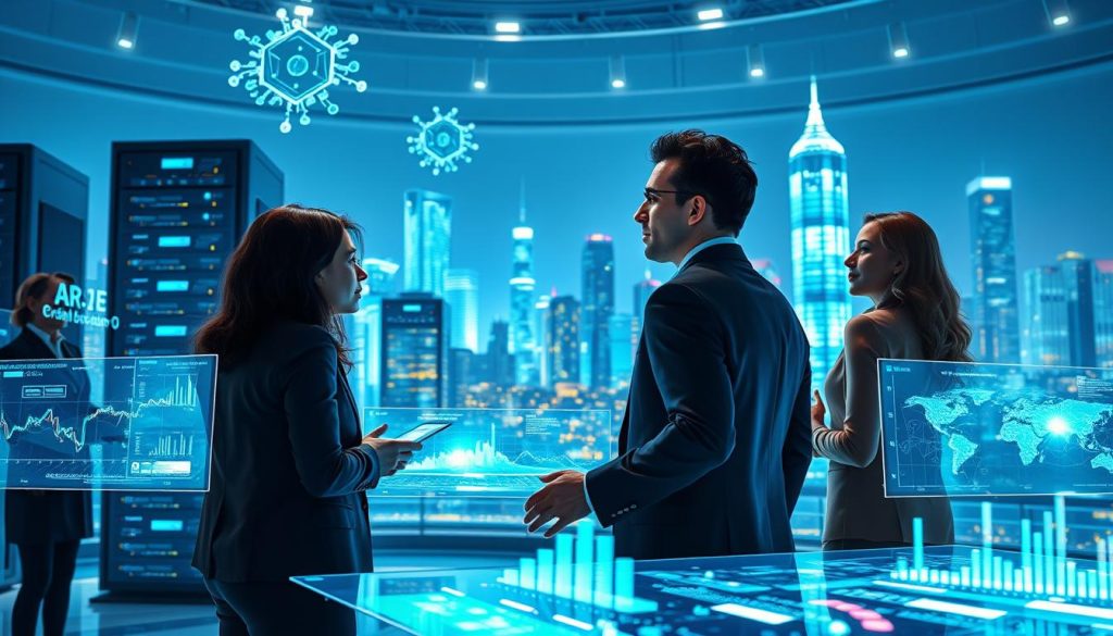 A futuristic digital landscape representing the fusion of Big Data and AI. In the foreground, a diverse group of professionals in business attire are analyzing data on interactive holographic screens, showcasing flowing graphs and algorithms. In the middle ground, towering servers and abstract representations of data clusters hover, giving a sense of immense data processing. The background features a vibrant city skyline illuminated by soft blue and green lights, symbolizing innovation and technology. Bright, focused lighting highlights the professionals' engaged expressions, emphasizing a collaborative atmosphere. Capture the scene from a dynamic angle, creating depth and emphasizing the scale of the data. The mood is one of excitement and forward-thinking, showcasing the powerful impact of big data integration in AI technology. A futuristic digital landscape representing the fusion of Big Data and AI. In the foreground, a diverse group of professionals in business attire are analyzing data on interactive holographic screens, showcasing flowing graphs and algorithms. In the middle ground, towering servers and abstract representations of data clusters hover, giving a sense of immense data processing. The background features a vibrant city skyline illuminated by soft blue and green lights, symbolizing innovation and technology. Bright, focused lighting highlights the professionals' engaged expressions, emphasizing a collaborative atmosphere. Capture the scene from a dynamic angle, creating depth and emphasizing the scale of the data. The mood is one of excitement and forward-thinking, showcasing the powerful impact of big data integration in AI technology.