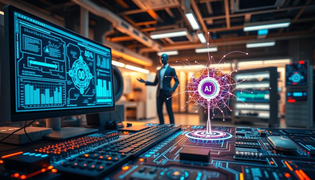 A futuristic digital workspace filled with interconnected neural networks and vibrant holographic displays representing AI learning mechanisms. In the foreground, visualize a sleek desktop with intricate, glowing circuit boards and multiple screens showing abstract data flow, algorithms, and charts symbolizing self-improvement. In the middle, a semi-transparent humanoid figure in professional attire interacts with a 3D model of a neural network, showcasing AI's ability to learn and adapt. The background consists of a high-tech laboratory with softly glowing lighting, emphasizing a mood of innovation and exploration. Use a shallow depth of field to focus on the foreground elements, while the background remains slightly blurred, creating an immersive and dynamic atmosphere.