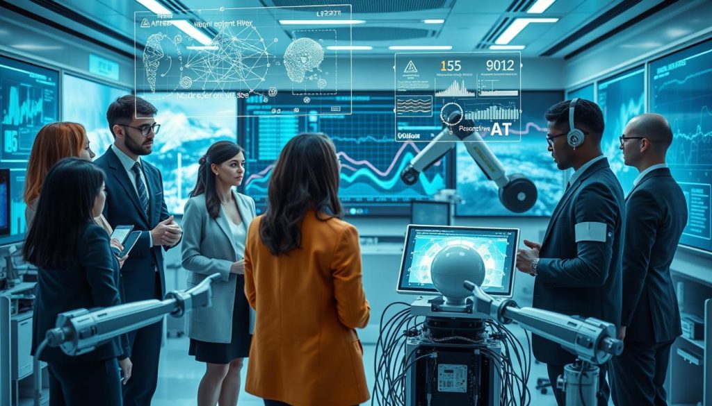 A futuristic laboratory filled with advanced technology, showcasing a sleek intelligent AI system analyzing data streams and model designs. In the foreground, a diverse group of professionals in smart business attire is engaged in a collaborative discussion, with holographic displays of neural networks and algorithms hovering above them. In the middle ground, robotic arms manipulate cables and components, illustrating the self-improvement process of AI. The background features large screens displaying complex graphs and digital landscapes, symbolizing vast data analysis. Soft, ambient lighting highlights the scene while blue and green hues create a sense of innovation and forward motion, accentuating the atmosphere of exploration and technological advancement. The composition uses a wide-angle lens to capture the expansive environment, inviting viewers to reflect on the potential for AI self-improvement.