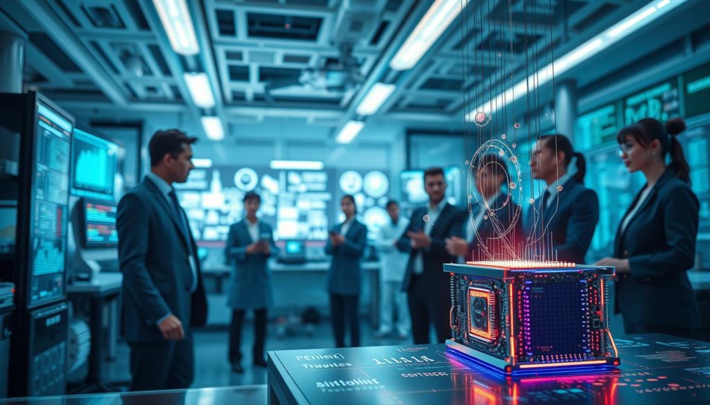A futuristic laboratory scene depicting quantum computing in action, emphasizing AI accuracy. In the foreground, a sleek quantum computer with glowing circuits and delicate qubits suspended in mid-air. The middle ground features diverse scientists in professional business attire, intently monitoring data on holographic screens displaying complex algorithms and graphs. The background includes a high-tech lab filled with digital displays, research papers, and advanced machinery under cool blue and green lighting, creating a sophisticated atmosphere. A soft focus lens effect highlights the scientists' concentration, while a gentle glow emanates from the quantum computer, symbolizing the synergy between quantum technology and AI. The overall mood is one of innovation, hope, and intelligent exploration, reflecting the future of AI capabilities. A futuristic laboratory scene depicting quantum computing in action, emphasizing AI accuracy. In the foreground, a sleek quantum computer with glowing circuits and delicate qubits suspended in mid-air. The middle ground features diverse scientists in professional business attire, intently monitoring data on holographic screens displaying complex algorithms and graphs. The background includes a high-tech lab filled with digital displays, research papers, and advanced machinery under cool blue and green lighting, creating a sophisticated atmosphere. A soft focus lens effect highlights the scientists' concentration, while a gentle glow emanates from the quantum computer, symbolizing the synergy between quantum technology and AI. The overall mood is one of innovation, hope, and intelligent exploration, reflecting the future of AI capabilities.