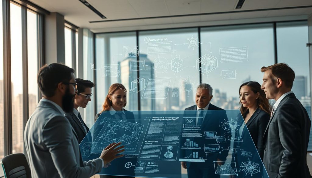 A futuristic office environment illustrating advanced language processing in action. In the foreground, a diverse group of professionals in smart business attire collaborates around a sleek, transparent touchscreen displaying complex neural network diagrams and text analysis. In the middle, holographic data streams and visualizations hover above the workstation, showcasing abstract representations of language algorithms. The background features a modern city skyline through large windows, with soft, diffused natural light pouring in. The mood is one of innovation and collaboration, emphasizing the benefits of black-box AI. The angles capture both the focus on the screen and the engagement of the team, hinting at the transformative power of AI in understanding language. A futuristic office environment illustrating advanced language processing in action. In the foreground, a diverse group of professionals in smart business attire collaborates around a sleek, transparent touchscreen displaying complex neural network diagrams and text analysis. In the middle, holographic data streams and visualizations hover above the workstation, showcasing abstract representations of language algorithms. The background features a modern city skyline through large windows, with soft, diffused natural light pouring in. The mood is one of innovation and collaboration, emphasizing the benefits of black-box AI. The angles capture both the focus on the screen and the engagement of the team, hinting at the transformative power of AI in understanding language.