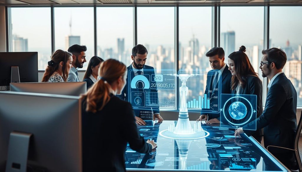 A futuristic office environment showcasing AI Innovations, with sleek, modern computers and interactive holographic displays illustrating narrow AI concepts. In the foreground, a diverse group of professionals in business attire collaborates around a digital table, analyzing data visualizations. The middle ground features an advanced AI assistant, represented as a glowing, ethereal entity, projecting various graphs and predictive algorithms. The background includes large windows revealing a bustling cityscape, bathed in soft morning light, symbolizing progress and potential. Use a warm color palette to create an inviting atmosphere, with realistic shadows and highlights for depth. Capture this scene from a slightly elevated angle to emphasize the interaction and innovation taking place. A futuristic office environment showcasing AI Innovations, with sleek, modern computers and interactive holographic displays illustrating narrow AI concepts. In the foreground, a diverse group of professionals in business attire collaborates around a digital table, analyzing data visualizations. The middle ground features an advanced AI assistant, represented as a glowing, ethereal entity, projecting various graphs and predictive algorithms. The background includes large windows revealing a bustling cityscape, bathed in soft morning light, symbolizing progress and potential. Use a warm color palette to create an inviting atmosphere, with realistic shadows and highlights for depth. Capture this scene from a slightly elevated angle to emphasize the interaction and innovation taking place.