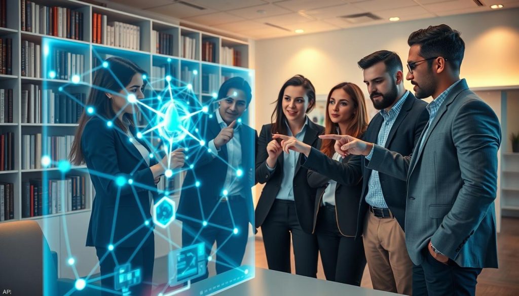 A futuristic office environment showcasing a diverse group of professionals, including a woman in a sleek blazer and a man in smart casual attire, gathered around a holographic display. The foreground features the glowing hologram of an AI neural network, visually represented as interconnected nodes and flowing data streams, symbolizing continuous learning. In the middle, the team is engaged in collaborative discussions, pointing at the hologram, with expressions of curiosity and determination. In the background, shelves filled with books on AI and technology enhance the setting. Soft, ambient lighting casts a warm glow, creating a focused yet innovative atmosphere, captured with a slight tilt-angle perspective to emphasize the dynamic interaction around the hologram. A futuristic office environment showcasing a diverse group of professionals, including a woman in a sleek blazer and a man in smart casual attire, gathered around a holographic display. The foreground features the glowing hologram of an AI neural network, visually represented as interconnected nodes and flowing data streams, symbolizing continuous learning. In the middle, the team is engaged in collaborative discussions, pointing at the hologram, with expressions of curiosity and determination. In the background, shelves filled with books on AI and technology enhance the setting. Soft, ambient lighting casts a warm glow, creating a focused yet innovative atmosphere, captured with a slight tilt-angle perspective to emphasize the dynamic interaction around the hologram.