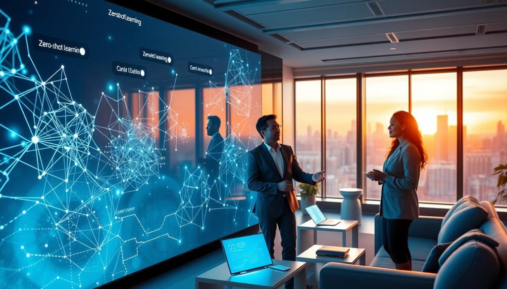 A futuristic office environment showcasing a large digital screen displaying abstract representations of zero-shot learning concepts—interconnected neural networks and data flow visuals. In the foreground, a diverse group of three professionals, a Black woman, an Asian man, and a Hispanic woman, are engaged in a collaborative discussion, all dressed in smart business attire. The middle ground features modern, sleek furniture and scattered digital devices with holographic displays. The background shows floor-to-ceiling windows with a city skyline at sunset, casting warm light into the room, creating a professional yet optimistic atmosphere. The lighting is soft and warm, enhancing the scene's focus on creativity and innovation. The angle should be slightly tilted to capture the dynamic interaction among the professionals. A futuristic office environment showcasing a large digital screen displaying abstract representations of zero-shot learning concepts—interconnected neural networks and data flow visuals. In the foreground, a diverse group of three professionals, a Black woman, an Asian man, and a Hispanic woman, are engaged in a collaborative discussion, all dressed in smart business attire. The middle ground features modern, sleek furniture and scattered digital devices with holographic displays. The background shows floor-to-ceiling windows with a city skyline at sunset, casting warm light into the room, creating a professional yet optimistic atmosphere. The lighting is soft and warm, enhancing the scene's focus on creativity and innovation. The angle should be slightly tilted to capture the dynamic interaction among the professionals.