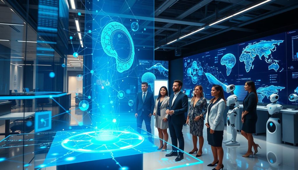 A futuristic office environment showcasing adaptive AI systems. In the foreground, an advanced holographic interface with dynamic data visualizations and flowing neural network patterns, emanating a soft blue light. In the middle ground, a diverse group of professionals in smart business attire, engaging with the AI through interactive displays, expressing curiosity and collaboration. The background features large digital screens with abstract representations of human and machine intelligence coexisting, alongside a sleek, high-tech workspace filled with robotic assistants. The lighting is bright but balanced, with a focus on the holographic elements, creating an inspiring and innovative atmosphere, emphasizing the intersection of strong AI and human intelligence. A futuristic office environment showcasing adaptive AI systems. In the foreground, an advanced holographic interface with dynamic data visualizations and flowing neural network patterns, emanating a soft blue light. In the middle ground, a diverse group of professionals in smart business attire, engaging with the AI through interactive displays, expressing curiosity and collaboration. The background features large digital screens with abstract representations of human and machine intelligence coexisting, alongside a sleek, high-tech workspace filled with robotic assistants. The lighting is bright but balanced, with a focus on the holographic elements, creating an inspiring and innovative atmosphere, emphasizing the intersection of strong AI and human intelligence.