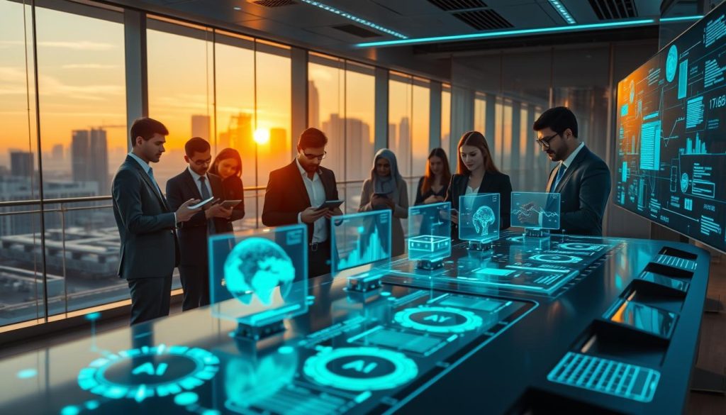 A futuristic office environment showcasing specialized AI technology. In the foreground, a sleek, high-tech workstation with multiple holographic displays emanating soft blue and green lights, illustrating data patterns and algorithms. In the middle ground, a diverse group of business professionals in smart attire collaborate, analyzing AI-generated insights on digital tablets. The background features a glass wall with a city skyline view, illuminated by a setting sun, casting warm golden light into the room. The atmosphere is vibrant and innovative, reflecting a sense of progress and collaboration. The scene is captured with a wide-angle lens to emphasize depth, with a focus on the interplay of technology and human interaction. A futuristic office environment showcasing specialized AI technology. In the foreground, a sleek, high-tech workstation with multiple holographic displays emanating soft blue and green lights, illustrating data patterns and algorithms. In the middle ground, a diverse group of business professionals in smart attire collaborate, analyzing AI-generated insights on digital tablets. The background features a glass wall with a city skyline view, illuminated by a setting sun, casting warm golden light into the room. The atmosphere is vibrant and innovative, reflecting a sense of progress and collaboration. The scene is captured with a wide-angle lens to emphasize depth, with a focus on the interplay of technology and human interaction.