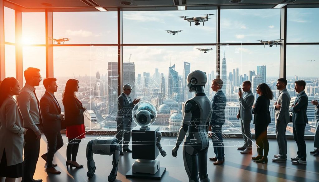 A futuristic office environment showcasing the evolution of artificial intelligence. In the foreground, a diverse group of professionals in business attire, engaged in collaborative discussions around a sleek, holographic interface displaying complex AI algorithms and data patterns. The middle ground features advanced robotic assistants interacting with technology and humans, highlighting seamless integration. In the background, large windows reveal a vibrant cityscape, symbolizing technological progress, with drones and autonomous vehicles in motion. The lighting is bright and inspirational, creating a sense of hope and innovation, with lens flare effects to emphasize the cutting-edge technology. The overall atmosphere is dynamic and forward-thinking, capturing the essence of AI advancements.