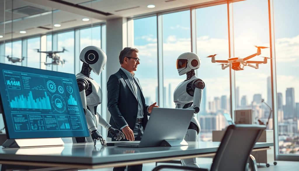A futuristic office environment showcasing the impact of artificial intelligence on automation. In the foreground, a sleek, modern workstation with a transparent screen displaying complex data analytics. Nearby, a humanoid robot with a friendly demeanor assists a professional dressed in business attire, collaborating on a project. In the middle background, various automated devices like drones and virtual assistants efficiently manage office tasks, illustrating AI in action. The background features large windows with a view of a vibrant city skyline under a clear blue sky, suggesting advancements in technology. The lighting is bright and inspirational, enhancing the sense of innovation and potential. Overall, the atmosphere is optimistic and forward-looking, capturing the essence of AI in the workplace.
