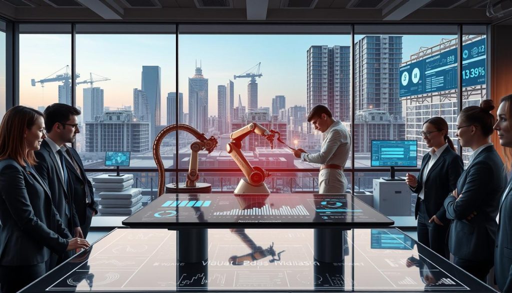 A futuristic office environment showcasing the integration of non-sentient AI in various industries. In the foreground, a diverse group of professionals in smart business attire collaborate around a sleek digital table displaying real-time data analytics. The middle ground features advanced robotic arms assembling products, while an AI-driven virtual assistant hologram provides insights. The background presents a panoramic view of skyscrapers equipped with solar panels and digital screens displaying AI-driven efficiency metrics. Soft, ambient lighting creates a productive atmosphere, highlighting the innovative use of technology. The scene conveys a sense of progress and collaboration, embodying the role of weak AI in enhancing productivity without the presence of sentience. A futuristic office environment showcasing the integration of non-sentient AI in various industries. In the foreground, a diverse group of professionals in smart business attire collaborate around a sleek digital table displaying real-time data analytics. The middle ground features advanced robotic arms assembling products, while an AI-driven virtual assistant hologram provides insights. The background presents a panoramic view of skyscrapers equipped with solar panels and digital screens displaying AI-driven efficiency metrics. Soft, ambient lighting creates a productive atmosphere, highlighting the innovative use of technology. The scene conveys a sense of progress and collaboration, embodying the role of weak AI in enhancing productivity without the presence of sentience.