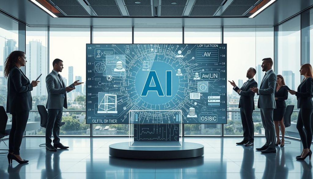 A futuristic office setting dominates the foreground, with a large, digital display showcasing intricate algorithms and data flows symbolizing AI regulation. To the sides, diverse professionals in business attire engage in discussions, holding tablets and pointing at the display, emphasizing collaboration on regulatory frameworks. In the middle ground, semi-transparent screens float, displaying visual representations of laws and ethical guidelines related to AI self-improvement. The background features a sleek cityscape visible through glass walls, filled with greenery and technology, suggesting a harmonious balance between innovation and regulatory oversight. Soft, ambient lighting bathes the scene, creating a contemplative atmosphere, while a slight focal blur enhances the importance of the central display. The overall mood conveys a sense of progress and responsibility in managing AI's potential.