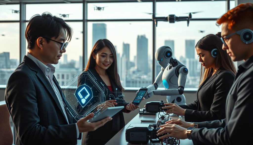 A futuristic office setting showcasing advancements in AI technology. In the foreground, a diverse group of professionals in business attire engages with holographic displays that project data and complex algorithms. One person, a woman of Asian descent, interacts with a virtual AI assistant represented by a glowing, abstract shape. In the middle ground, advanced robotic arms work seamlessly alongside human team members, assembling intricate components. The background features large windows showing a city skyline with drones flying outside, reflecting a modern, tech-driven society. The lighting is bright and dynamic, casting colorful glows from the digital interfaces. The mood is innovative and collaborative, embodying a harmonious blend of human intelligence and cutting-edge technology.