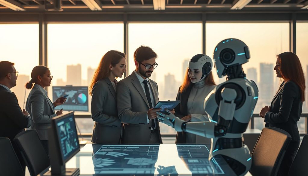 A futuristic office setting showing a collaborative scene between humans and advanced AI technology. In the foreground, a diverse group of professionals in smart business attire engage with a sleek, humanoid robot, sharing ideas over a digital tablet. The middle ground features high-tech screens displaying data analysis and virtual designs, emphasizing the fusion of creativity and technology. In the background, large windows reveal a city skyline, illuminated by soft, warm lighting that creates an optimistic atmosphere. The camera angle is slightly elevated, providing a clear view of the collaboration. The overall mood conveys innovation and teamwork, highlighting the unique qualities of human intuition and creativity that AI cannot replicate yet.