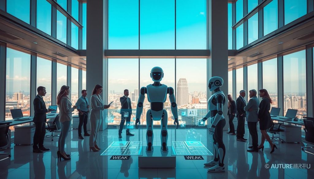 A futuristic office space filled with advanced technology illustrating the concept of Weak AI. In the foreground, a diverse group of professionals in smart business attire interact with holographic displays showcasing AI algorithms and data analytics. In the middle, sleek robots efficiently assist with tasks, emphasizing the collaborative relationship between humans and AI. The background features floor-to-ceiling windows with a view of a vibrant city skyline, under a clear blue sky. Soft, natural light illuminates the room, creating a bright and optimistic atmosphere. Use a wide-angle lens to capture the expansive feel of the office while maintaining focus on the human-robot collaboration, highlighting the future trends in Weak AI. A futuristic office space filled with advanced technology illustrating the concept of Weak AI. In the foreground, a diverse group of professionals in smart business attire interact with holographic displays showcasing AI algorithms and data analytics. In the middle, sleek robots efficiently assist with tasks, emphasizing the collaborative relationship between humans and AI. The background features floor-to-ceiling windows with a view of a vibrant city skyline, under a clear blue sky. Soft, natural light illuminates the room, creating a bright and optimistic atmosphere. Use a wide-angle lens to capture the expansive feel of the office while maintaining focus on the human-robot collaboration, highlighting the future trends in Weak AI.