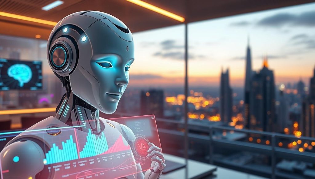 A futuristic representation of "Emotional Intelligence AI," featuring a humanoid robotic figure with a soft, glowing face displaying a serene expression, symbolizing empathy and understanding. In the foreground, the robot interacts with a holographic display of vibrant emotional graphs and data, showcasing various emotions like joy, sadness, and anger. The middle ground features a modern, sleek workspace filled with digital screens depicting brain-like neural networks. The background is a softly lit futuristic cityscape at dusk, with warm ambient lighting creating a hopeful atmosphere. Use a wide-angle lens to capture the full depth and detail of this harmonious blend of technology and emotion, evoking a sense of inquiry and possibility.