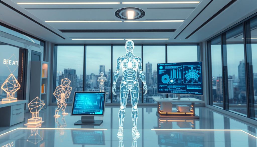 A futuristic scene depicting transparent AI models manifested as glowing geometric shapes and abstract figures within a sleek, modern AI lab. In the foreground, a transparent humanoid figure represents an AI, its intricate circuitry illuminated, symbolizing transparency in technology. The middle ground features advanced computer screens displaying complex algorithms and data visualizations, adding depth to the scene. In the background, a cityscape is visible through large windows, hinting at the broader implications of AI. The overall atmosphere is bright and optimistic, with soft, cool lighting enhancing the tech aesthetic. Use a wide-angle lens to create an immersive experience, emphasizing both the human and technological elements, conveying a sense of progress and clarity in the world of AI. A futuristic scene depicting transparent AI models manifested as glowing geometric shapes and abstract figures within a sleek, modern AI lab. In the foreground, a transparent humanoid figure represents an AI, its intricate circuitry illuminated, symbolizing transparency in technology. The middle ground features advanced computer screens displaying complex algorithms and data visualizations, adding depth to the scene. In the background, a cityscape is visible through large windows, hinting at the broader implications of AI. The overall atmosphere is bright and optimistic, with soft, cool lighting enhancing the tech aesthetic. Use a wide-angle lens to create an immersive experience, emphasizing both the human and technological elements, conveying a sense of progress and clarity in the world of AI.