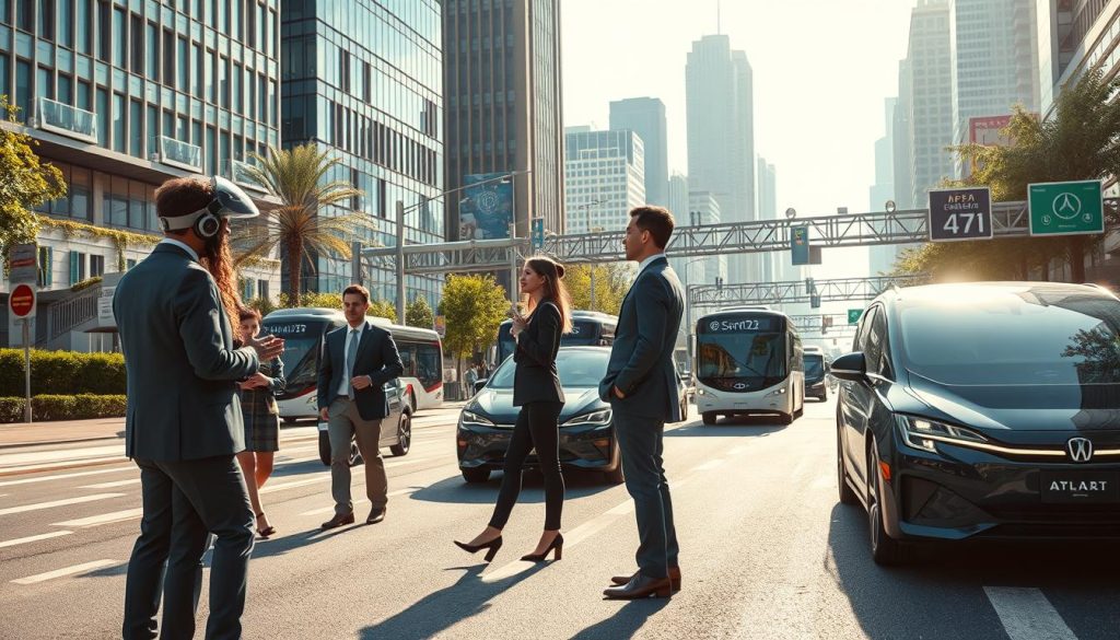 A futuristic urban scene showcasing the integration of AI in transportation. In the foreground, a diverse group of professionally dressed individuals is engaged in a conversation while interacting with advanced AI-driven transportation tools, such as smart helmets or holographic displays. The middle ground features sleek, autonomous electric cars navigating seamlessly on a vibrant city street, alongside a high-tech public transport system with AI-controlled buses, all under the guidance of dynamic digital signage. In the background, a city skyline with modern architecture illustrates a blend of nature and technology, with greenery incorporated into the design. Bright, natural lighting casts a warm glow over the scene, while a lively yet organized atmosphere captures the ease and efficiency of AI-enhanced travel. The angle is slightly elevated, providing a comprehensive view of this harmonious integration.