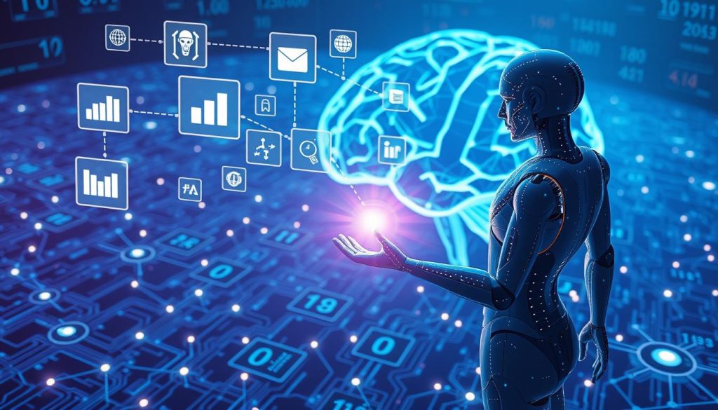 A futuristic, visually striking illustration of AI decision-making processes. In the foreground, a sleek, semi-transparent humanoid figure made of digital code, symbolizing AI, stands with an outstretched hand, interacting with floating holographic icons representing various data inputs, like charts, algorithms, and neural networks. In the middle ground, a deep blue digital landscape filled with interconnected circuits and glowing nodes creates an environment of complex information flow. The background showcases an abstract representation of a brain composed of binary code and light patterns, emphasizing cognitive processes. Use dramatic lighting highlighting the AI figure and soft ambient glows around the data icons, capturing a mood of intrigue and sophistication, with a high angle view to encapsulate the layers of complexity in AI decision-making. A futuristic, visually striking illustration of AI decision-making processes. In the foreground, a sleek, semi-transparent humanoid figure made of digital code, symbolizing AI, stands with an outstretched hand, interacting with floating holographic icons representing various data inputs, like charts, algorithms, and neural networks. In the middle ground, a deep blue digital landscape filled with interconnected circuits and glowing nodes creates an environment of complex information flow. The background showcases an abstract representation of a brain composed of binary code and light patterns, emphasizing cognitive processes. Use dramatic lighting highlighting the AI figure and soft ambient glows around the data icons, capturing a mood of intrigue and sophistication, with a high angle view to encapsulate the layers of complexity in AI decision-making.