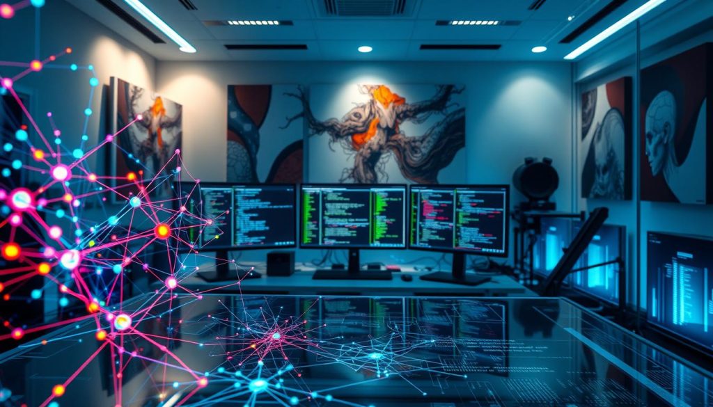 A futuristic workspace filled with intricate neural network diagrams and machine learning algorithms. In the foreground, a sleek, transparent interface showcases vibrant, colorful data flow representations, resembling interconnected neurons. The middle ground features a high-tech computer setup with multiple screens displaying code, graphs, and visualizations related to AI reasoning. The background is a softly lit room with abstract art pieces inspired by technology, emphasizing innovation and intellect. The lighting is cool-toned, creating a serious yet inspiring atmosphere, while the angle captures the depth of the workspace. Add subtle reflections on the glass surfaces to enhance realism and focus on cutting-edge technology. Overall, the mood is one of curiosity and analytical thought, perfect for exploring the mechanics behind AI reasoning. A futuristic workspace filled with intricate neural network diagrams and machine learning algorithms. In the foreground, a sleek, transparent interface showcases vibrant, colorful data flow representations, resembling interconnected neurons. The middle ground features a high-tech computer setup with multiple screens displaying code, graphs, and visualizations related to AI reasoning. The background is a softly lit room with abstract art pieces inspired by technology, emphasizing innovation and intellect. The lighting is cool-toned, creating a serious yet inspiring atmosphere, while the angle captures the depth of the workspace. Add subtle reflections on the glass surfaces to enhance realism and focus on cutting-edge technology. Overall, the mood is one of curiosity and analytical thought, perfect for exploring the mechanics behind AI reasoning.