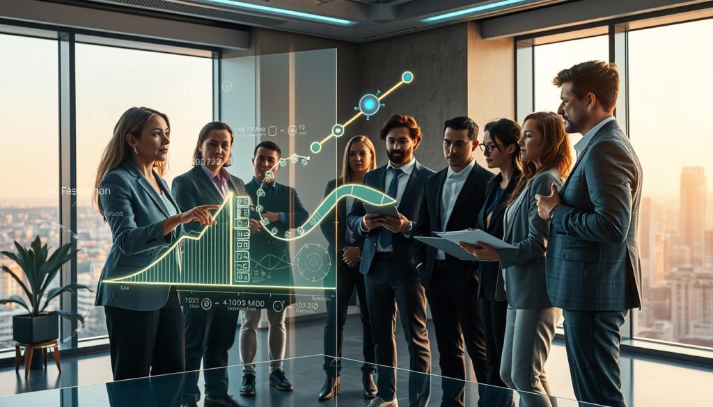 A futuristic workspace illustrating "Iterative Learning Processes in AI," featuring a diverse group of professionals in smart casual attire gathered around a transparent holographic interface displaying intricate data and algorithms. In the foreground, a woman points at a glowing graph, symbolizing growth and feedback loops, while a man takes notes on a digital tablet. The middle showcases interactive AI elements, like robotic arms and swirling data visualizations, highlighting the transformative aspects of feedback. In the background, large windows reveal a cityscape bathed in soft, warm lighting, creating a hopeful and innovative atmosphere. Use a wide-angle lens effect to capture the dynamic collaboration and energy in the room, emphasizing the evolution of AI learning. A futuristic workspace illustrating "Iterative Learning Processes in AI," featuring a diverse group of professionals in smart casual attire gathered around a transparent holographic interface displaying intricate data and algorithms. In the foreground, a woman points at a glowing graph, symbolizing growth and feedback loops, while a man takes notes on a digital tablet. The middle showcases interactive AI elements, like robotic arms and swirling data visualizations, highlighting the transformative aspects of feedback. In the background, large windows reveal a cityscape bathed in soft, warm lighting, creating a hopeful and innovative atmosphere. Use a wide-angle lens effect to capture the dynamic collaboration and energy in the room, emphasizing the evolution of AI learning.