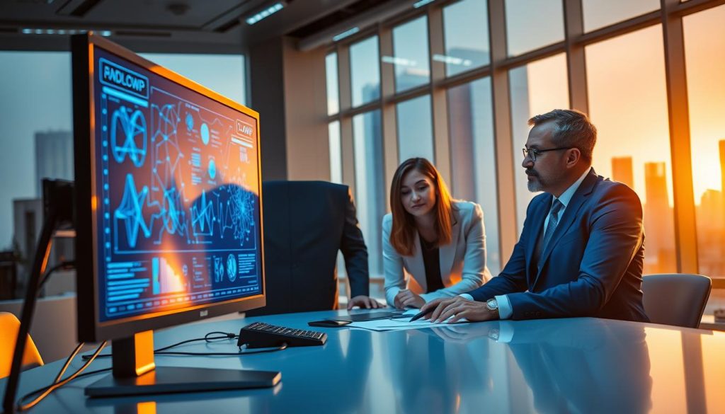 A futuristic workspace showcasing the development of a neural network algorithm. In the foreground, a computer screen displays intricate neural network graphs and data visualizations, illuminated by a soft blue light. In the middle ground, a diverse team of three professionals—two men and one woman—in smart business attire, collaborate around a sleek conference table, analyzing the data on the screen. The background features a high-tech environment with large windows, revealing a city skyline, bathed in warm sunlight, suggesting innovation and progress. A gentle glow emanates from the screen, highlighting the expressions of determination and focus on the team’s faces. The atmosphere is one of enthusiasm and intellectual collaboration, reflecting advances in AI development. A futuristic workspace showcasing the development of a neural network algorithm. In the foreground, a computer screen displays intricate neural network graphs and data visualizations, illuminated by a soft blue light. In the middle ground, a diverse team of three professionals—two men and one woman—in smart business attire, collaborate around a sleek conference table, analyzing the data on the screen. The background features a high-tech environment with large windows, revealing a city skyline, bathed in warm sunlight, suggesting innovation and progress. A gentle glow emanates from the screen, highlighting the expressions of determination and focus on the team’s faces. The atmosphere is one of enthusiasm and intellectual collaboration, reflecting advances in AI development.