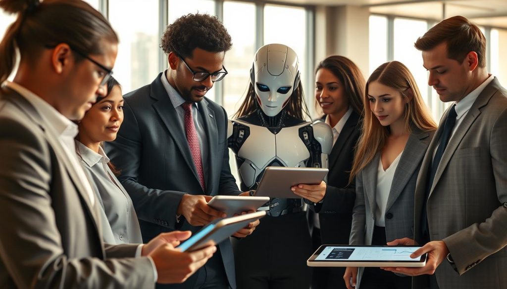 A harmonious and dynamic workspace illustrating the collaboration between AI and human workforce. In the foreground, a diverse group of professionals in smart business attire, focused and engaged in discussions, while interacting with advanced AI technology, represented by sleek, futuristic tablets and screens displaying data projections. In the middle ground, a humanoid robot collaborates with humans, analyzing data together, showcasing partnership and teamwork. The background features a modern office environment, with large windows letting in natural light, creating a bright and inspiring atmosphere. Soft shadows enhance the depth of the scene. Use a wide-angle lens to capture the scale of innovation and cooperation, with a warm, optimistic color palette reflecting the future of work.
