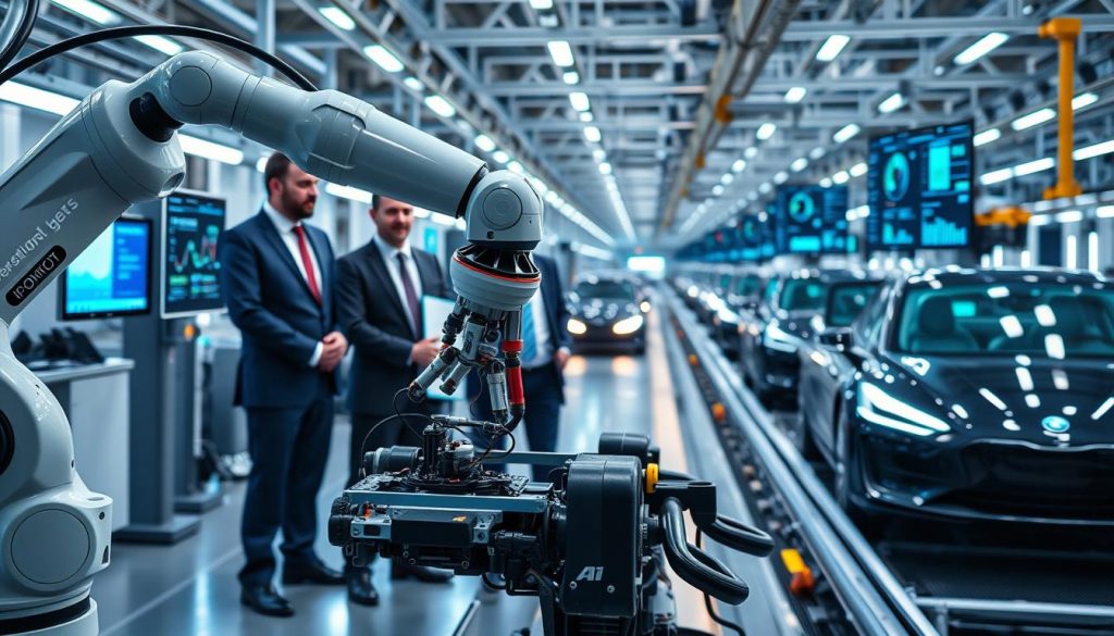 A modern automotive factory showcasing an intricate integration of AI technology in vehicle manufacturing. In the foreground, a robotic arm delicately assembles car components with precision, showcasing advanced sensors and AI systems. In the middle ground, engineers in professional business attire observe and interact with digital screens displaying real-time data analytics on production efficiency. In the background, sleek electric vehicles are being produced on an assembly line, with soft blue and white lighting emphasizing a high-tech environment. The atmosphere is dynamic and innovative, with a sense of collaboration between humans and machines. The angle captures a wide view of the factory floor, highlighting the seamless fusion of AI solutions in the automotive industry. A modern automotive factory showcasing an intricate integration of AI technology in vehicle manufacturing. In the foreground, a robotic arm delicately assembles car components with precision, showcasing advanced sensors and AI systems. In the middle ground, engineers in professional business attire observe and interact with digital screens displaying real-time data analytics on production efficiency. In the background, sleek electric vehicles are being produced on an assembly line, with soft blue and white lighting emphasizing a high-tech environment. The atmosphere is dynamic and innovative, with a sense of collaboration between humans and machines. The angle captures a wide view of the factory floor, highlighting the seamless fusion of AI solutions in the automotive industry.