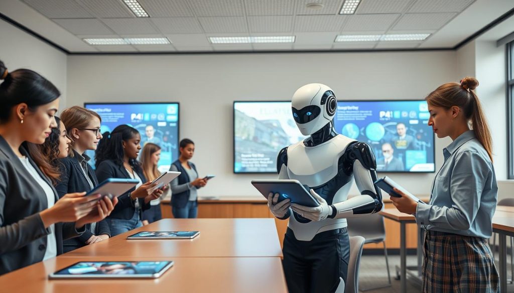 A modern classroom scene showcasing the integration of AI in education. In the foreground, a diverse group of students, dressed in smart casual attire, are engaged with their holographic tablets, interacting with virtual learning modules. In the middle ground, an AI-powered digital assistant, represented as a sleek, humanoid robot, is guiding a student in personalized learning. The background features a futuristic classroom with large screens displaying interactive graphics and educational content. Soft, natural lighting filters in through large windows, creating an inviting atmosphere. The mood conveys curiosity and innovation, reflecting how AI transforms learning experiences. The angle is slightly elevated, providing a comprehensive view of the dynamic interaction between students and technology.