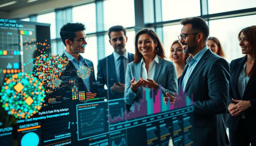 A modern data visualization scene showcasing machine learning datasets in a professional setting. In the foreground, a sleek, transparent digital display shows clusters of colorful data points and intricate graphs, highlighting domain-specific data types like images, text, and numerical datasets. In the middle ground, a diverse team of professionals, dressed in business attire, engages in animated discussion while analyzing the displayed data, with expressions of curiosity and collaboration. The background features a high-tech office environment with large windows, letting in soft, natural lighting that casts a warm glow over the space. Use a slightly elevated angle for a dynamic perspective, conveying innovation and the synergy of technology and teamwork. The mood is aspirational and focused, representing the transformative power of data in AI technology. A modern data visualization scene showcasing machine learning datasets in a professional setting. In the foreground, a sleek, transparent digital display shows clusters of colorful data points and intricate graphs, highlighting domain-specific data types like images, text, and numerical datasets. In the middle ground, a diverse team of professionals, dressed in business attire, engages in animated discussion while analyzing the displayed data, with expressions of curiosity and collaboration. The background features a high-tech office environment with large windows, letting in soft, natural lighting that casts a warm glow over the space. Use a slightly elevated angle for a dynamic perspective, conveying innovation and the synergy of technology and teamwork. The mood is aspirational and focused, representing the transformative power of data in AI technology.