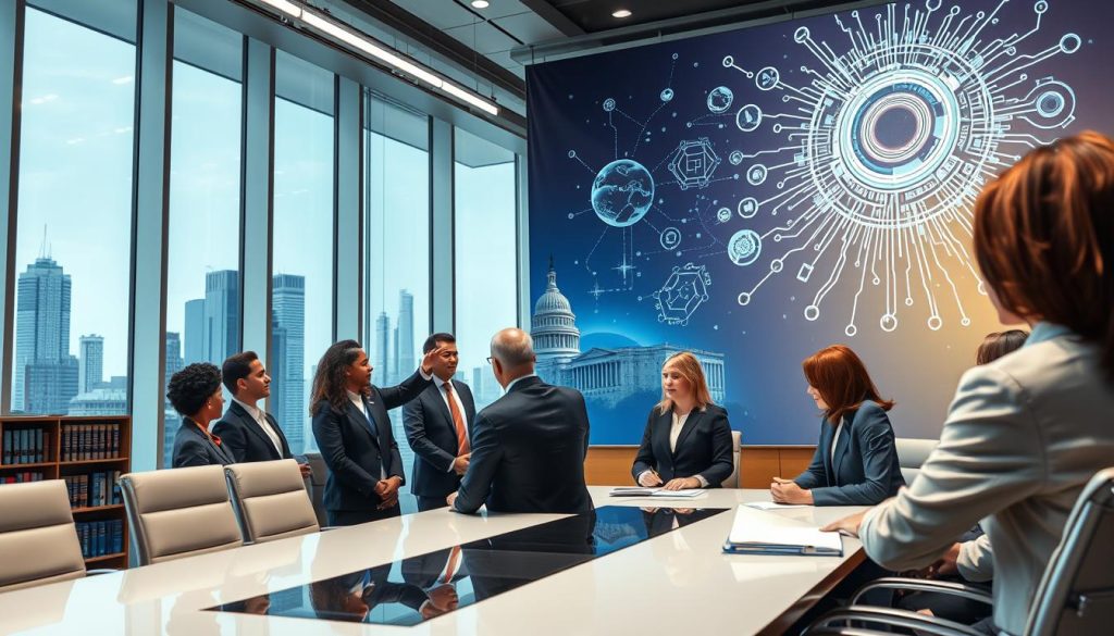 A modern government office scene illustrating federal agencies involved in AI oversight. In the foreground, a diverse group of professionals in business attire is gathered around a sleek conference table, discussing AI regulations. One individual points at a digital screen displaying AI-related data and charts. In the middle ground, shelves filled with legal books and documents on technology regulation are visible, along with a large window showing a cityscape with government buildings. The background features a large banner displaying abstract representations of AI technology, like neural networks and circuits. The lighting is bright and focused, creating a professional atmosphere, with a slightly angled perspective to emphasize collaboration and urgency in AI oversight initiatives. A modern government office scene illustrating federal agencies involved in AI oversight. In the foreground, a diverse group of professionals in business attire is gathered around a sleek conference table, discussing AI regulations. One individual points at a digital screen displaying AI-related data and charts. In the middle ground, shelves filled with legal books and documents on technology regulation are visible, along with a large window showing a cityscape with government buildings. The background features a large banner displaying abstract representations of AI technology, like neural networks and circuits. The lighting is bright and focused, creating a professional atmosphere, with a slightly angled perspective to emphasize collaboration and urgency in AI oversight initiatives.